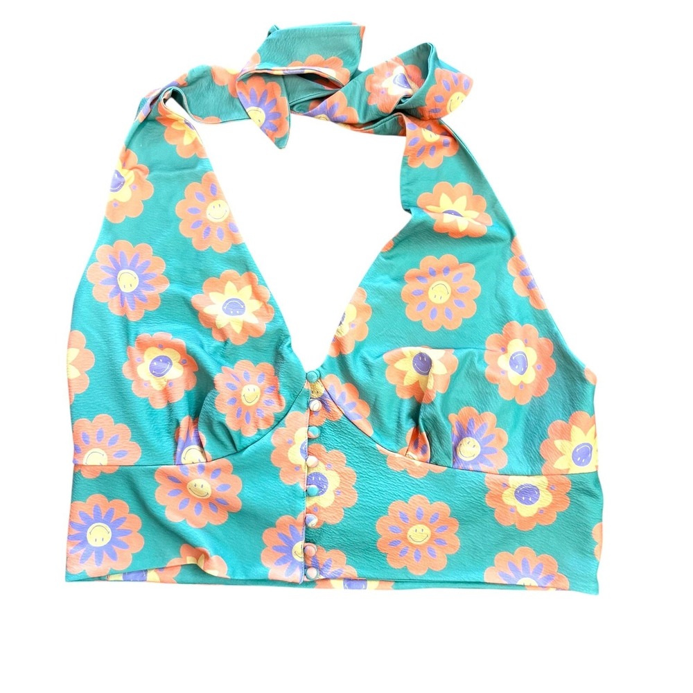 Smiley Halter Top Mint Daisy Print Tie Neck Sleeveless Crop Top 2X/16